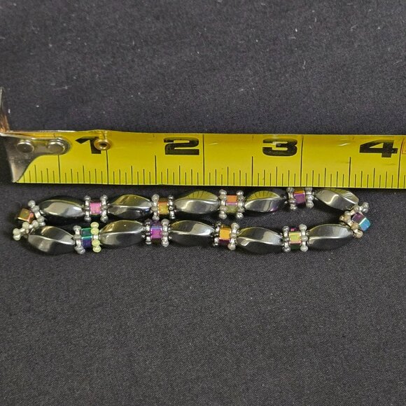 Magnetic Hematite Bracelet Rainbow Cube Accents Silver Tone Stretch 7" - Picture 6 of 7